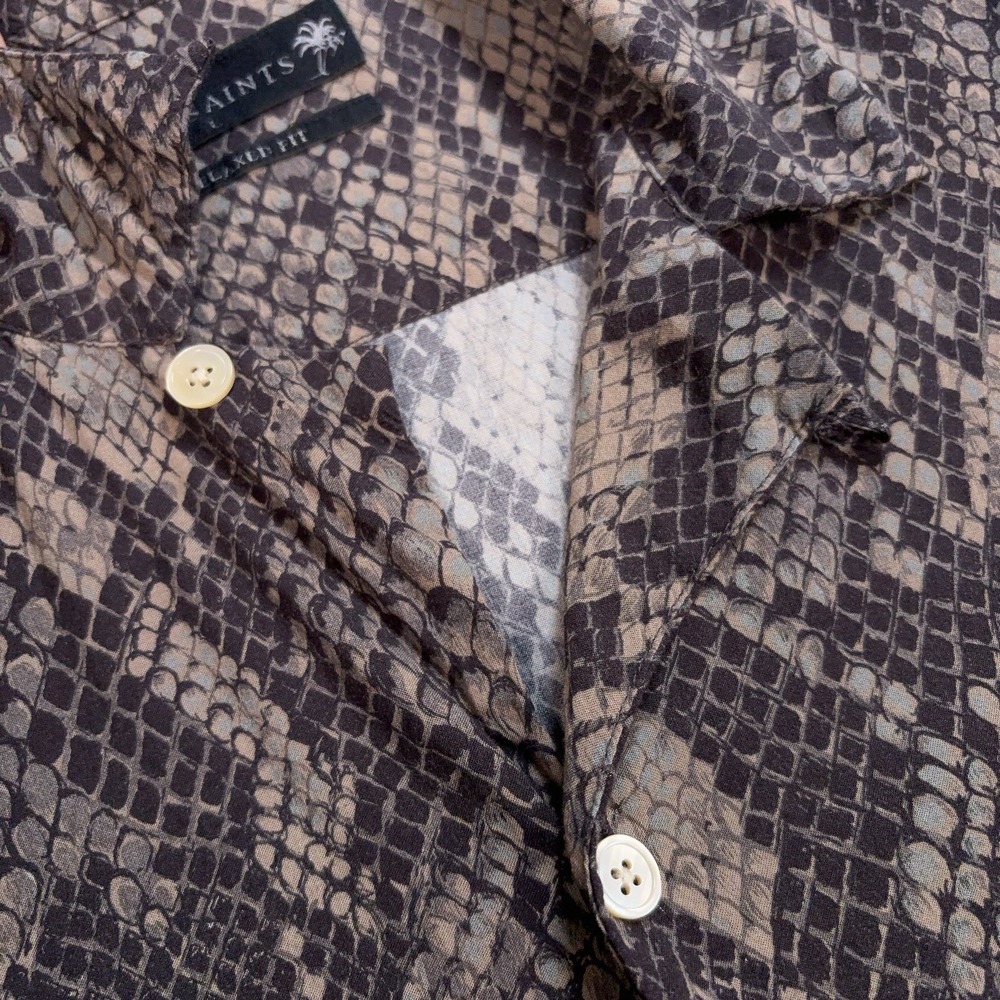 AllSaints Rattle Shirt Men's L Brown Snake Skin Relaxed Fit Viscose Loop Collar - Picture 5 of 13